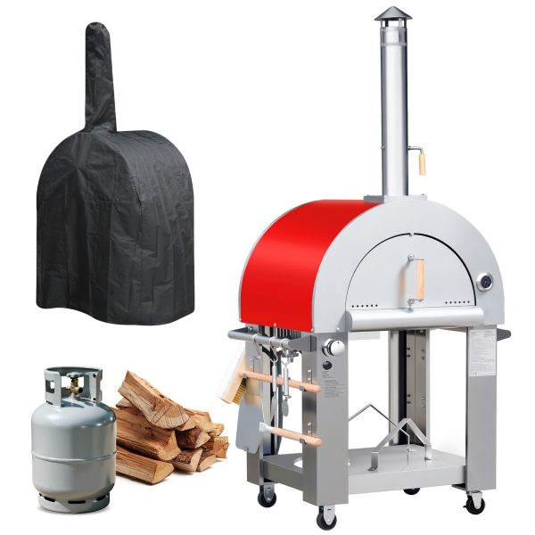 32.5 inch Wood Fired and Propane Gas Pizza Oven (Red with Cover