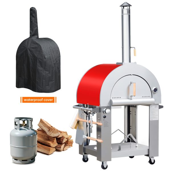 32.5 inch Wood Fired and Propane Gas Pizza Oven (Red with Cover