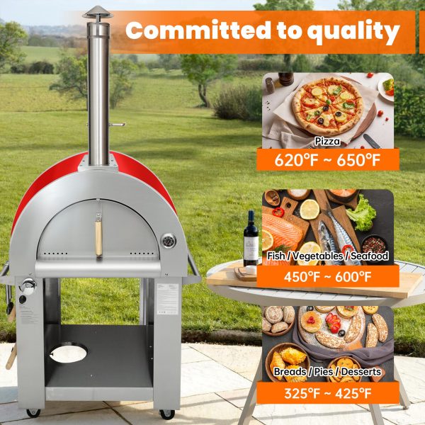 32.5 inch Wood Fired and Propane Gas Pizza Oven (Red with Cover