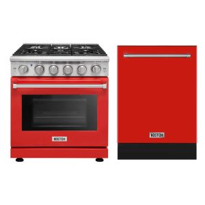30-Inch 5-Burner Natural Gas Range & 24-Inch Built-In Dishwasher Kitchen Appliance Set – Red