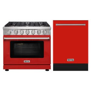 36-Inch 6-Burner Natural Gas Range with 6.0 Cu. Ft. Convection Oven & 24-Inch Built-in Dishwasher Set – Red