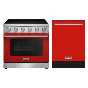 36″ Electric Range & 24″ Built-In Dishwasher Kitchen Appliance Sets – Red