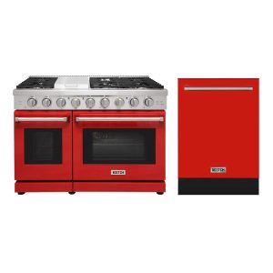48-Inch 7-Burner Natural Gas Range with 4.6-cu ft / 2.2-cu ft Convection Oven & 24-Inch Built-in Dishwasher Set–Red