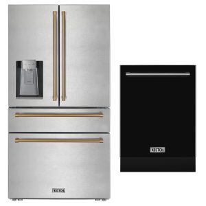 36″ French Door Refrigerator with Ice & Water Dispenser  Golden Handle+ 24″ Built-In Dishwasher  Third Rack Sets Black