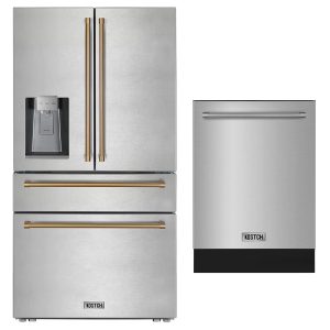 36″ French Door Refrigerator with Ice & Water Dispenser Golden Handle + 24″ Built-In Dishwasher  Third Rack Sets Stainless Steel