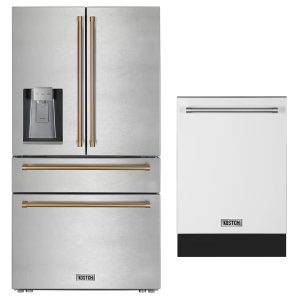 36″ French Door Refrigerator with Ice & Water Dispenser Golden Handle + 24″ Built-In Dishwasher  Third Rack Sets  White