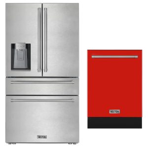 36″ French Door Refrigerator with Ice & Water Dispenser + 24″ Built-In Dishwasher  Third Rack Sets  Red