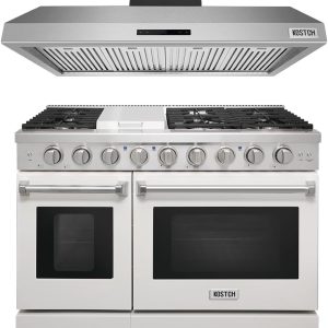 48 inch  Natural Gas Range with 6 Burners & 1 Griddle Cooktop, Double 4.6 cu. ft. and 2.2 cu. ft. Convection Gas Oven & 48 inch Under Cabinet Range Hood Sets White