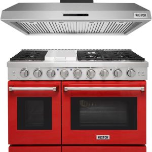 48 inch  Natural Gas Range 6 Burners & 1 Griddle Cooktop, Double 4.6 cu. ft. and 2.2 cu. ft. Oven & 48 inch Under Cabinet Range Hood Red