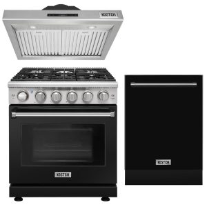 36-inch Natural Gas Range 6 Burners 6.0 cu.ft. Oven & 36-inch Under Cabinet Range Hood with 24-inch Top Control Built-in Dishwasher Set - Black