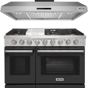 48-Inch Natural Gas Range with 6 Burners & 1 Griddle, Double 4.6 cu. ft. & 2.2 cu. ft. Ovens, 48-Inch Under-Cabinet Range Hood in Black