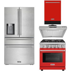30″ Natural Gas Range with 30″ Range Hood, 24″ Built-In Dishwasher in Red & 36″ French Door Refrigerator with Stainless Steel Handle Kitchen Appliance Set
