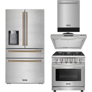 30″ Natural Gas Range with 30″ Range Hood, 24″ Built-In Dishwasher in Stainless Steel & 36″ French Door Refrigerator with Bronze Handle Kitchen Appliance Set