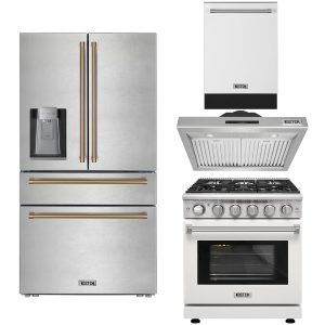 30″ Natural Gas Range with 30″ Range Hood, 24″ Built-In Dishwasher in White & 36″ French Door Refrigerator with Bronze Handle Kitchen Appliance Set