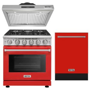 Red Kitchen Set – 30 Inch Gas Range with 5 Burners & 4.55 cu.ft. Oven, 30 Inch Under Cabinet Range Hood, 24 Inch Built-In Dishwasher with Third Rack