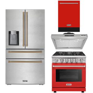 30″ Natural Gas Range with 30″ Range Hood, 24″ Built-In Dishwasher in Red & 36″ French Door Refrigerator with Bronze Handle Kitchen Appliance Set
