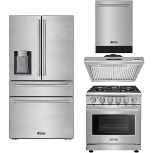 30″ Natural Gas Range with 30″ Range Hood, 24″ Built-In Dishwasher in Stainless Steel & 36″ French Door Refrigerator with Stainless Steel Handle Kitchen Appliance Set