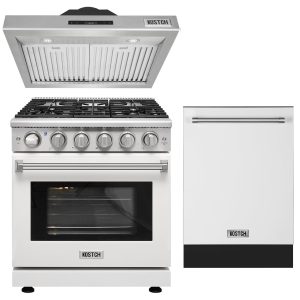 White Kitchen Set – 30 Inch Gas Range with 5 Burners & 4.55 cu.ft. Oven, 30 Inch Under Cabinet Range Hood, 24 Inch Built-In Dishwasher with Third Rack