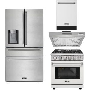 30″ Natural Gas Range with 30″ Range Hood, 24″ Built-In Dishwasher in White & 36″ French Door Refrigerator with Stainless Steel Handle Kitchen Appliance Set