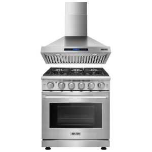 30-Inch Natural Gas Range with 5 Burners & 4.55 cu.ft. Oven, 600 CFM Wall Mount Range Hood with Touchscreen Controls, 3-Speed Fan & Efficient Ventilation, Stainless Steel