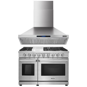 48-Inch Natural Gas Range with 6 Burners & 1 Griddle, Double Ovens, 48-Inch 1200 CFM Convertible Wall Mount Range Hood with Touch Control & LED Lights, Stainless Steel