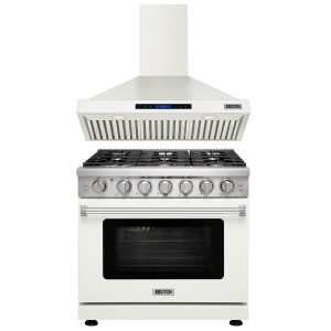 36-Inch Natural Gas Range with 6 Burners & 6.0 cu.ft. Oven, 36-Inch 600 CFM Convertible Wall Mount Range Hood with Touch Control & LED Lights, White