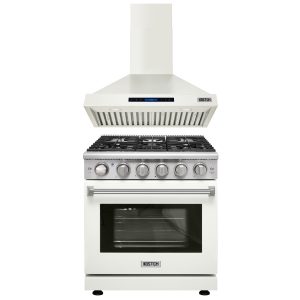 30-Inch Natural Gas Range with 5 Burners & 4.55 cu.ft. Oven, 600 CFM Wall Mount Range Hood with Touchscreen Controls, 3-Speed Fan & Efficient Ventilation, White