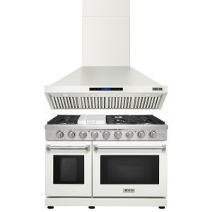 48-Inch Natural Gas Range with 6 Burners & 1 Griddle, Double Ovens, 48-Inch 1200 CFM Convertible Wall Mount Range Hood with Touch Control & LED Lights, White