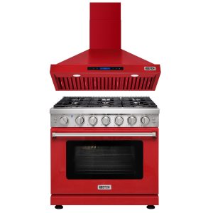 36-Inch Natural Gas Range with 6 Burners & 6.0 cu.ft. Oven, 36-Inch 600 CFM Convertible Wall Mount Range Hood with Touch Control & LED Lights, Red