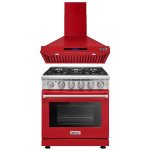 30-Inch Natural Gas Range with 5 Burners & 4.55 cu.ft. Oven, 600 CFM Wall Mount Range Hood with Touchscreen Controls, 3-Speed Fan & Efficient Ventilation, Red