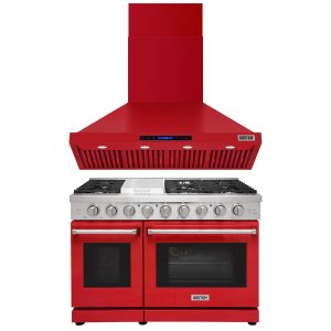 48-Inch Gas Range with 6 Burners & 1 Griddle, Double Ovens, 48-Inch 1200 CFM Red Range Hood with Touch Control & LED Lights