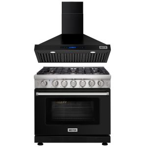 36-Inch Natural Gas Range with 6 Burners & 6.0 cu.ft. Oven, 36-Inch 600 CFM Convertible Wall Mount Range Hood with Touch Control & LED Lights, Black