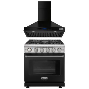 30-Inch Natural Gas Range with 5 Burners & 4.55 cu.ft. Oven, 600 CFM Wall Mount Range Hood with Touchscreen Controls, 3-Speed Fan & Efficient Ventilation, Black