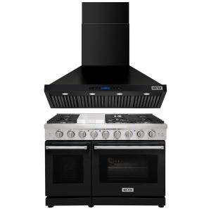 48-Inch Natural Gas Range with 6 Burners & 1 Griddle, Double 4.6 cu. ft. & 2.2 cu. ft. Ovens, 48-Inch 1200 CFM Convertible Ducted Wall Mount Range Hood with Touch Control Panel, 3-Speed Exhaust Fan & LED Lights, Black